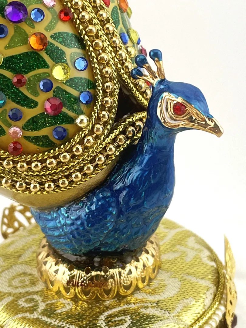 1986 Vintage Peacock Faberge Egg • Natural Hand Carved Egg - Faberge Music Box - Swarovski • 24K Gold • Handmade Pierre Lorren