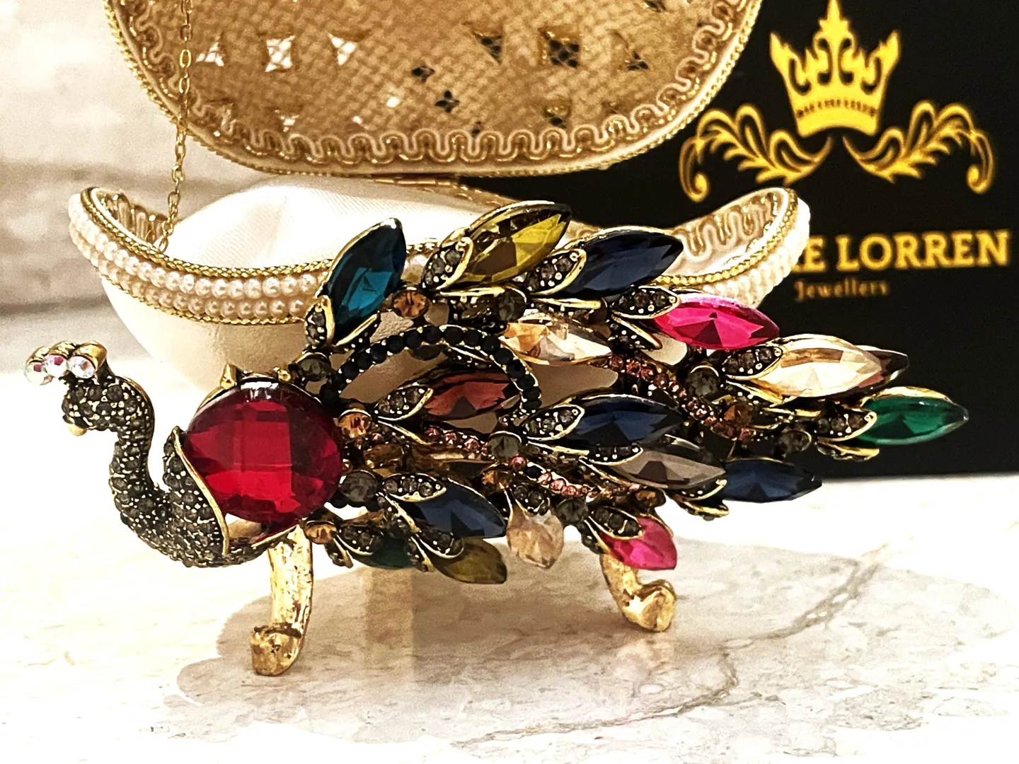 2008 Peacock Faberge Egg • Natural Hand Carved Egg - Faberge Music Box - Swarovski • 24K Gold • Handmade Pierre Lorren