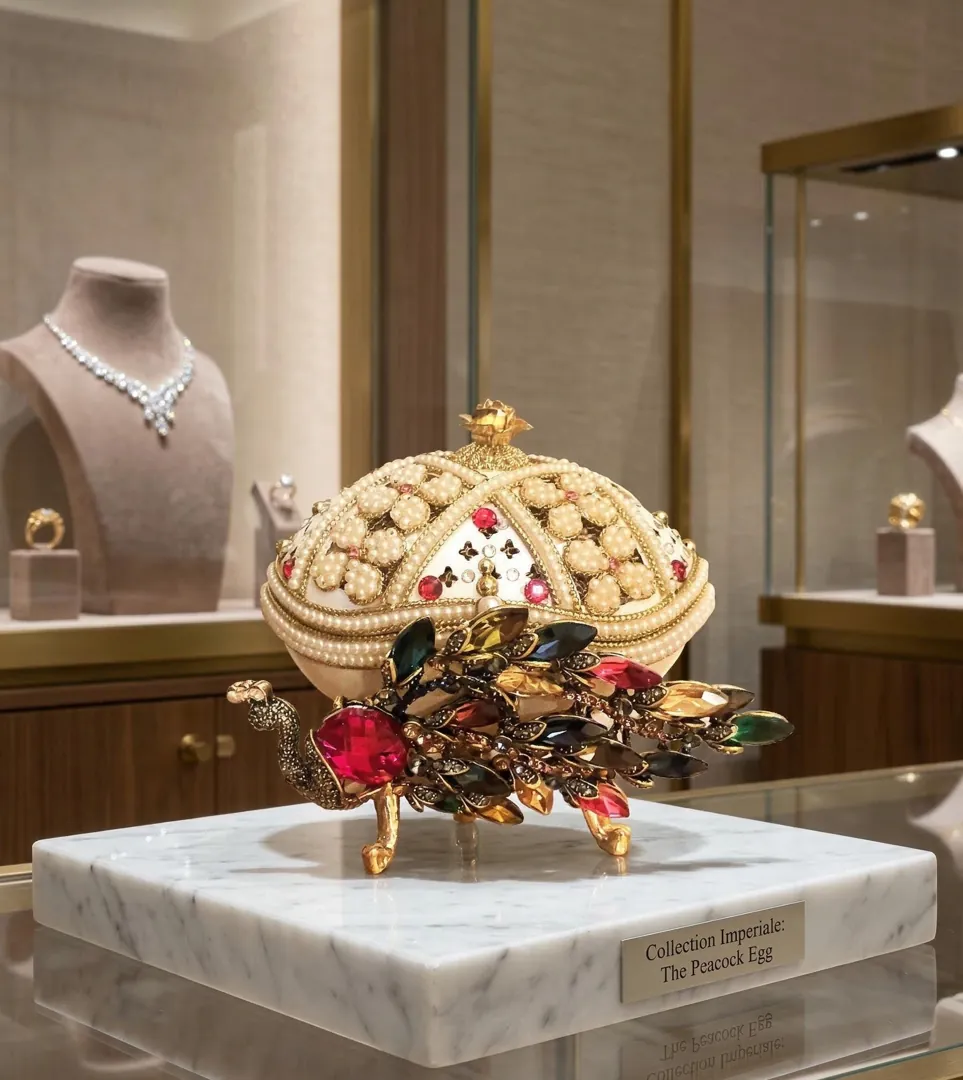 2008 Peacock Faberge Egg • Natural Hand Carved Egg - Faberge Music Box - Swarovski • 24K Gold • Handmade Pierre Lorren