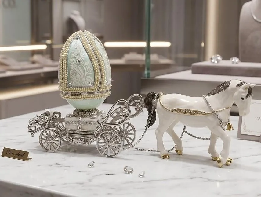 Vintage 1989 Faberge Egg Musical Carriage Jewelry Proposal Ring Box, perfect for a 25th Silver Anniversary gift for your wife.