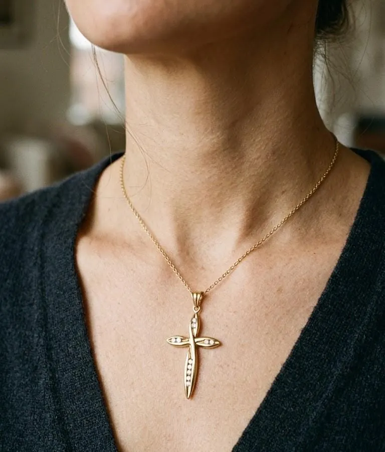 Solid 18kt gold cross with natural diamonds, designed as a cross pendant and necklace. An ideal Christian Mother's Day gift, this crucifix cross is perfect for moms and women.
