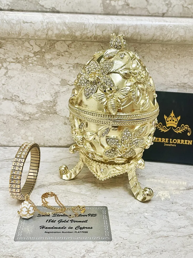XL Handmade Faberge Egg Style Trinket Box & Faberge Egg Necklace 18k Gold Vermeil, Gold Pomegranate Easter Abundance Gift, Mother's Day, 7