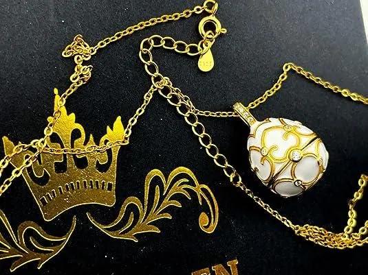 XL Handmade Faberge Egg Style Trinket Box & Faberge Egg Necklace 18k Gold Vermeil, Gold Pomegranate Easter Abundance Gift, Mother's Day, 7