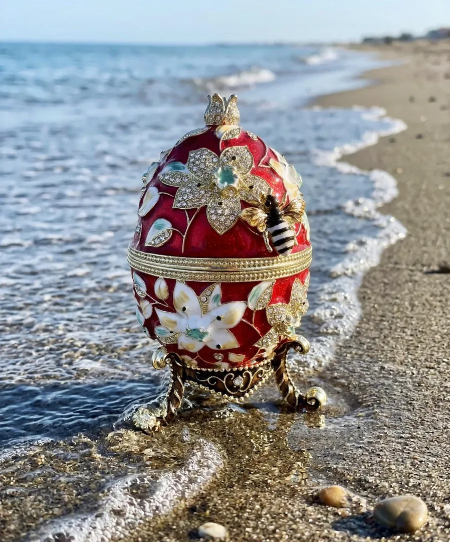 X Large Handmade Faberge Egg Style Trinket Box & Faberge Egg Necklace 18k Gold Vermeil, Pomegranate Easter Abundance Gift for Mother's Day 7