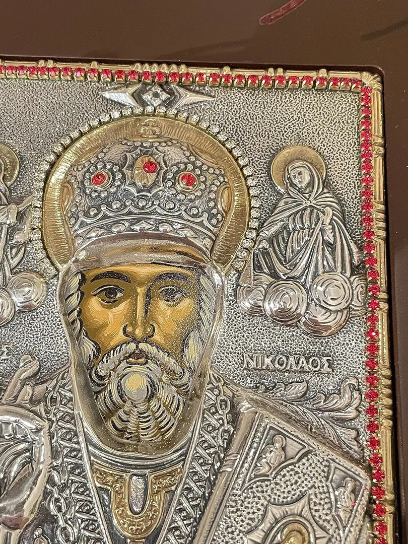 Saint Nicholas Icon Christian gift Byzantine Icon St. Nicholas Icon Patron of Children Greek Orthodox Icon PURE SILVER Gem Handpainted Icon