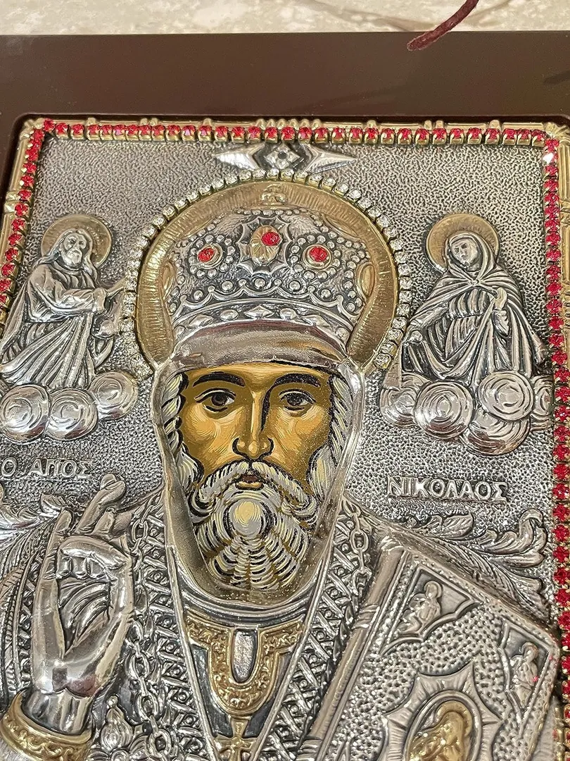 Saint Nicholas Icon Christian gift Byzantine Icon St. Nicholas Icon Patron of Children Greek Orthodox Icon PURE SILVER Gem Handpainted Icon