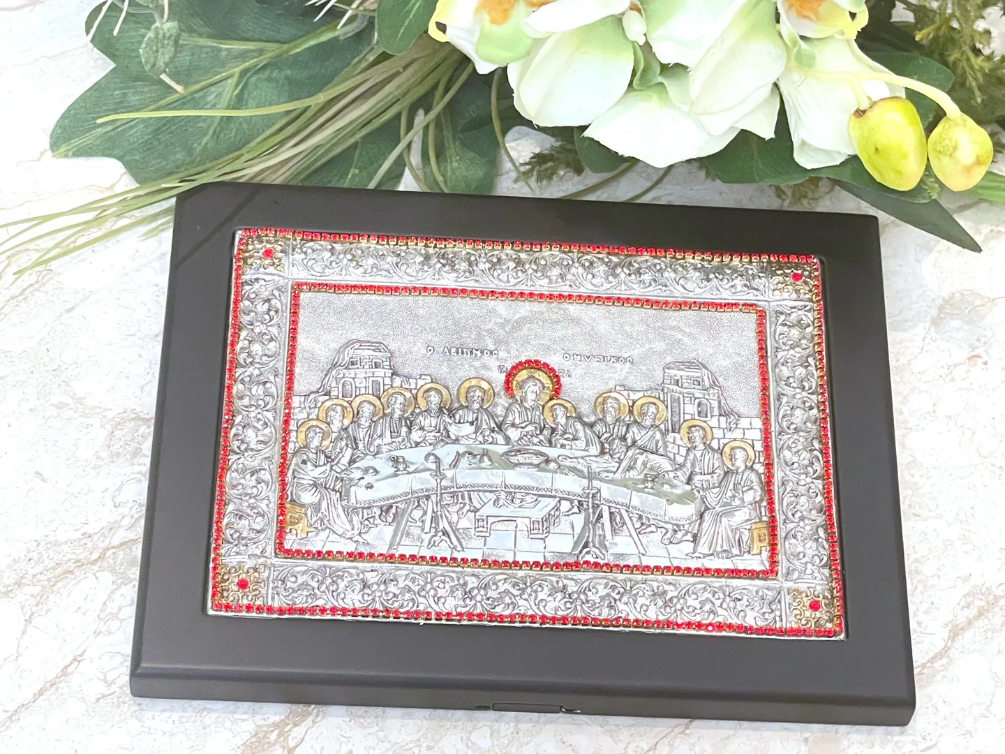1990 Vintage Last Supper Sterling Silver Icon: Easter Christian Gift 24k Gold, Austrian Crystals