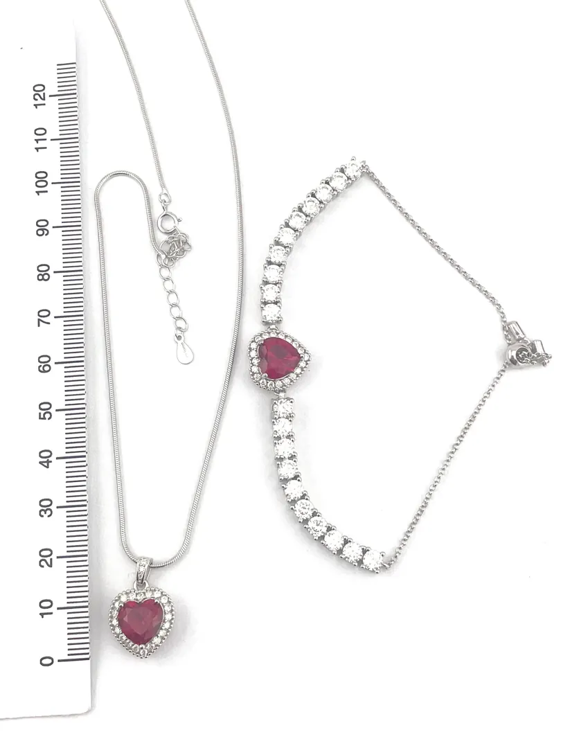 Handmade Heart Ruby Diamond Bracelet Ruby Necklace Pendant SET, 18k White Gold Vermeil, 4.5ctw Certified Natural Ruby by Pierre Lorren