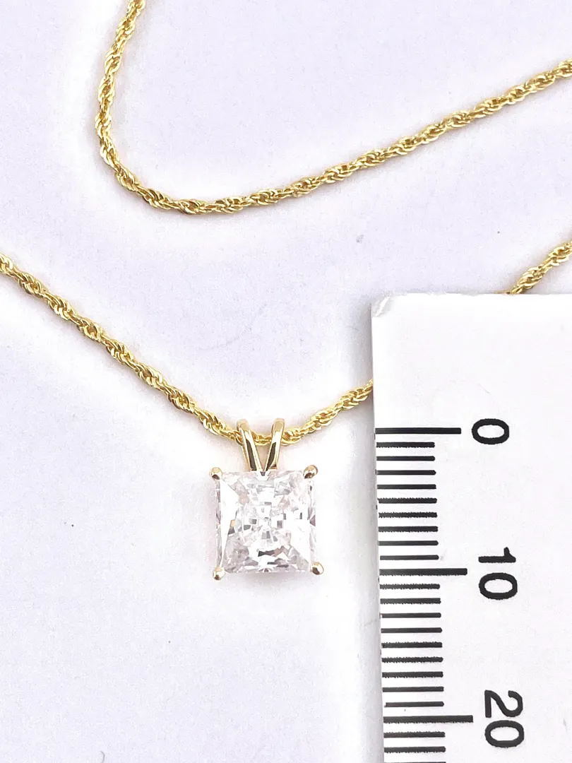 Solid 18k Yellow Gold Square Diamond Necklace, Solitaire Diamond Necklace, Square Diamond Pendant, Solid 18kt Gold Rope Chain, 1.5 carat.
