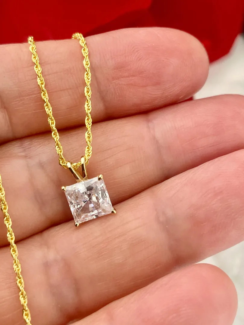 Solid 18k Yellow Gold Square Diamond Necklace. Solitaire Diamond Pendant on Rope Chain. Square Shape Diamond Necklace for Anniversary or Birthday. 1.5 ct.