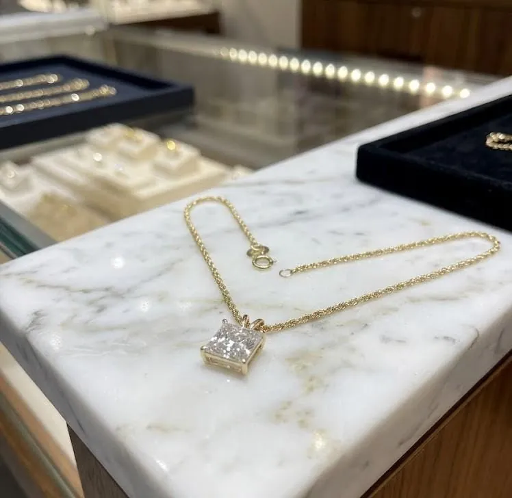 Solid 18k Yellow Gold Square Diamond Necklace. Solitaire Diamond Pendant on Rope Chain. Square Shape Diamond Necklace for Anniversary or Birthday. 1.5 ct.