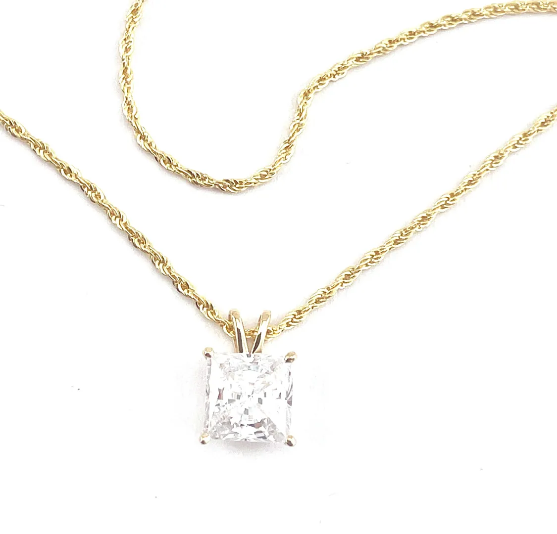 Solid 18k Yellow Gold Square Diamond Necklace. Solitaire Diamond Pendant on Rope Chain. Square Shape Diamond Necklace for Anniversary or Birthday. 1.5 ct.