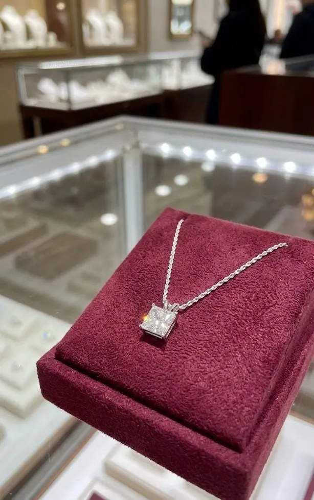 Solid 18k White Gold Square Diamond Necklace, Solitaire Diamond Necklace, Solid 18kt Gold Rope Chain, 1.5 carat.