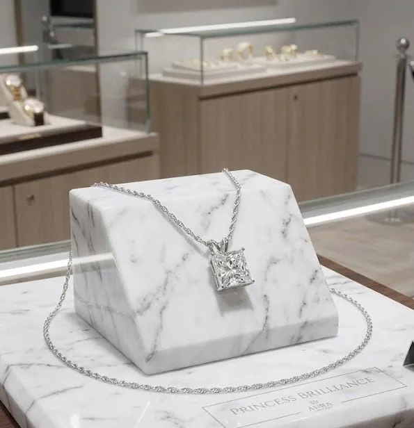 Solid 18k White Gold Square Diamond Necklace, Solitaire Diamond Necklace, Solid 18kt Gold Rope Chain, 1.5 carat.