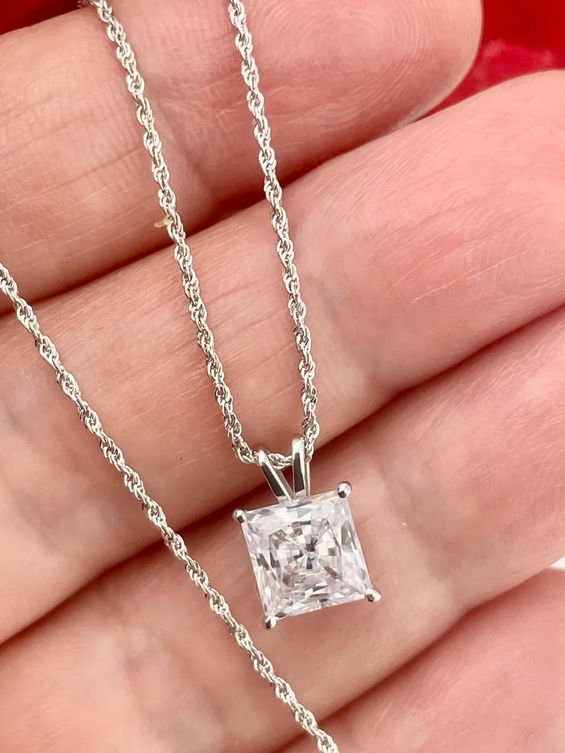 Solid 18k White Gold Square Diamond Necklace, Solitaire Diamond Pendant, Rope Chain, Square Shaped Diamond Necklace, Anniversary Birthday, 1.5 ct.