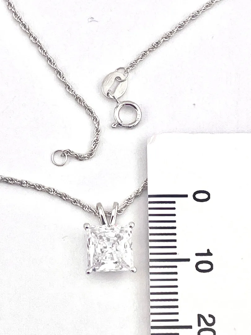 Solid 18k White Gold Square Diamond Necklace, Solitaire Diamond Pendant, Rope Chain, Square Shaped Diamond Necklace, Anniversary Birthday, 1.5 ct.