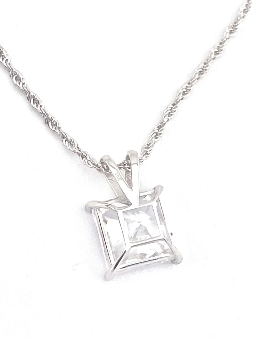 Solid 18k White Gold Square Diamond Necklace, Solitaire Diamond Pendant, Rope Chain, Square Shaped Diamond Necklace, Anniversary Birthday, 1.5 ct.