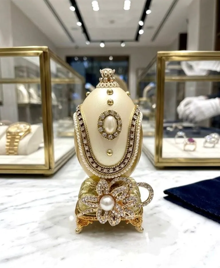 Vintage Faberge Egg Jewelry Box & Silver Faberge Necklace. Natural Handcarved Egg, Pure Gold Deco, Swarovski. Perfect 16th Wedding Anniversary gift for wife.