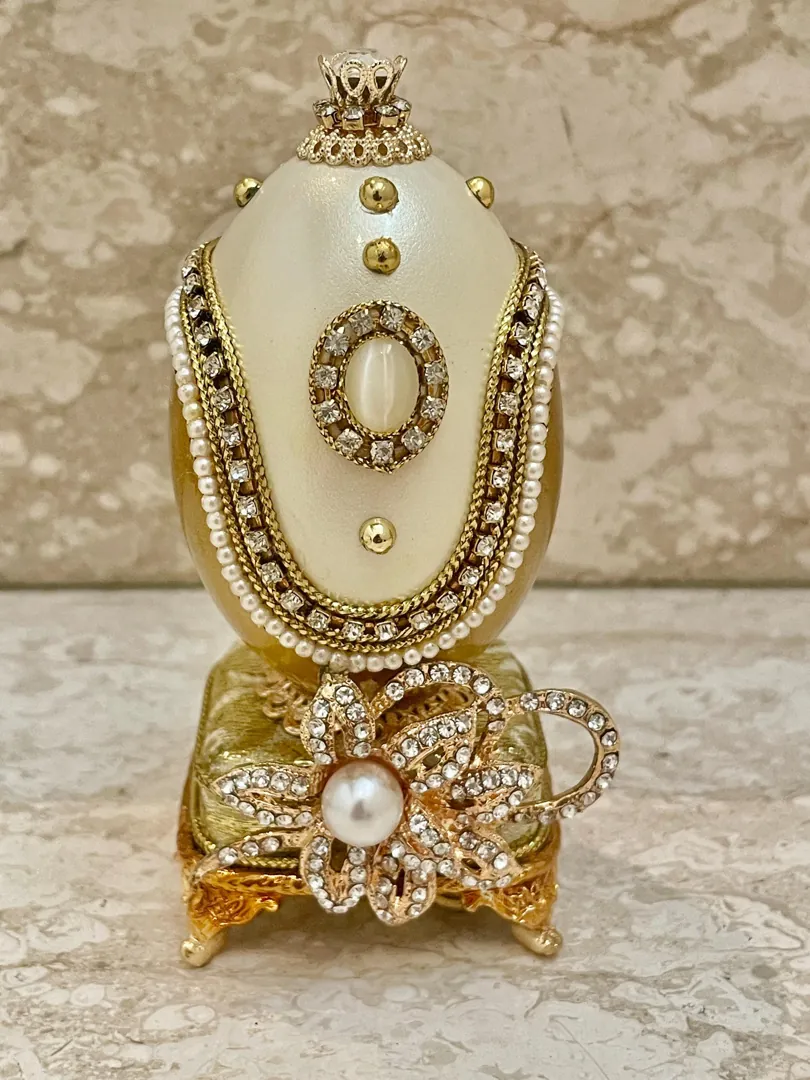 Vintage Faberge Egg Jewelry Box & Silver Faberge Necklace. Natural Handcarved Egg, Pure Gold Deco, Swarovski. Perfect 16th Wedding Anniversary gift for wife.