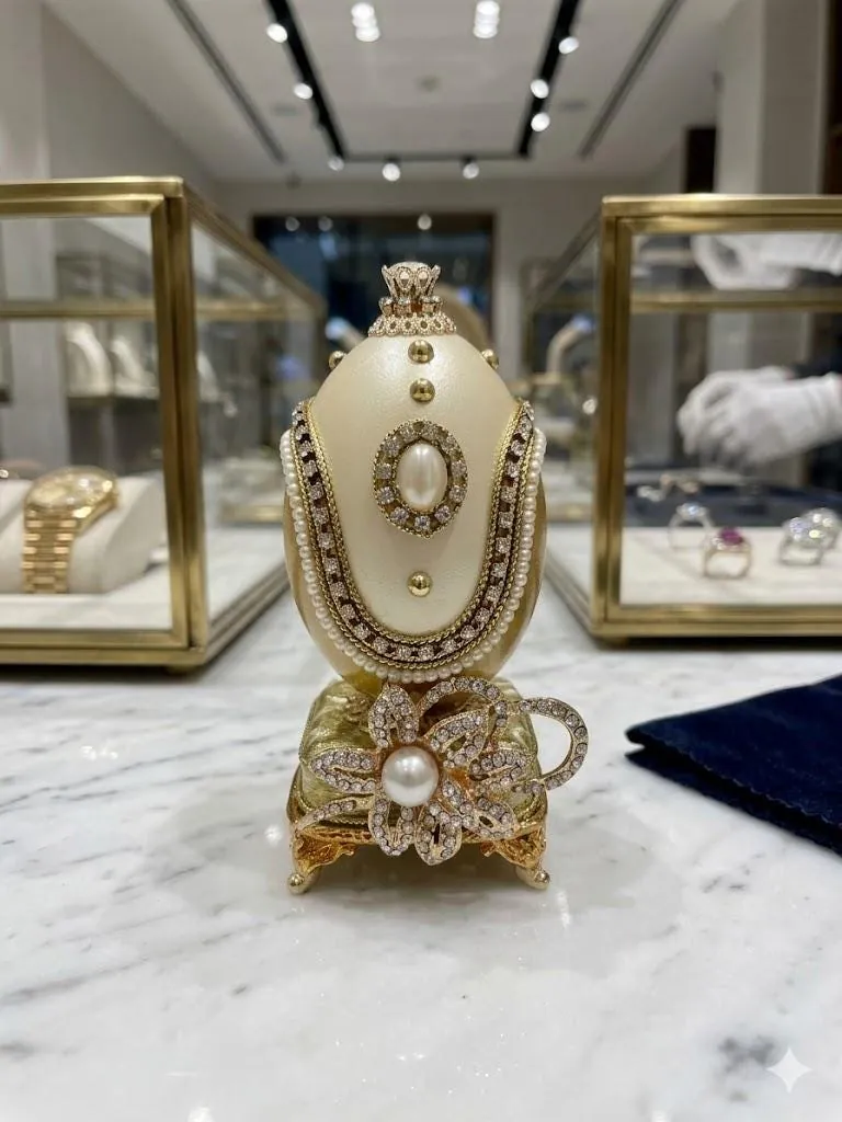 Vintage Faberge Egg Jewelry Box & Silver Faberge Necklace. Natural Handcarved Egg, Pure Gold Deco, Swarovski. Perfect 16th Wedding Anniversary gift for wife.