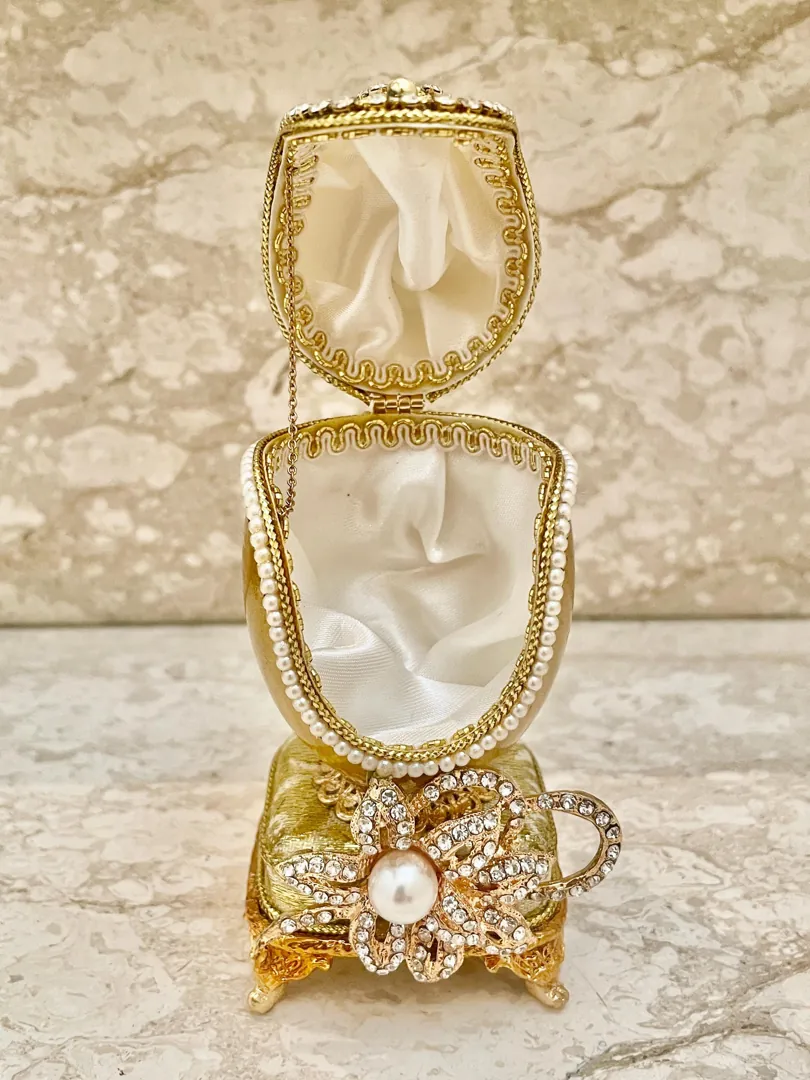 Vintage Faberge Egg Jewelry Box & Silver Faberge Necklace. Natural Handcarved Egg, Pure Gold Deco, Swarovski. Perfect 16th Wedding Anniversary gift for wife.