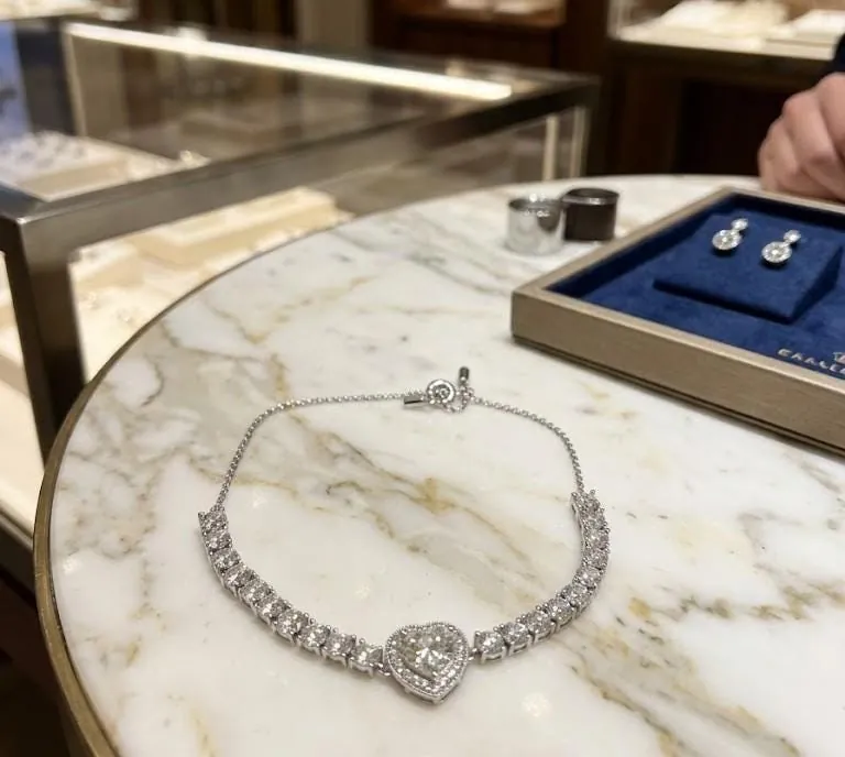 Handmade Heart Diamond Bracelet, 18k White Gold Vermeil, 4.5ctw Certified Diamond Fine Jewelry Lab Created Moss by Pierre Lorren.