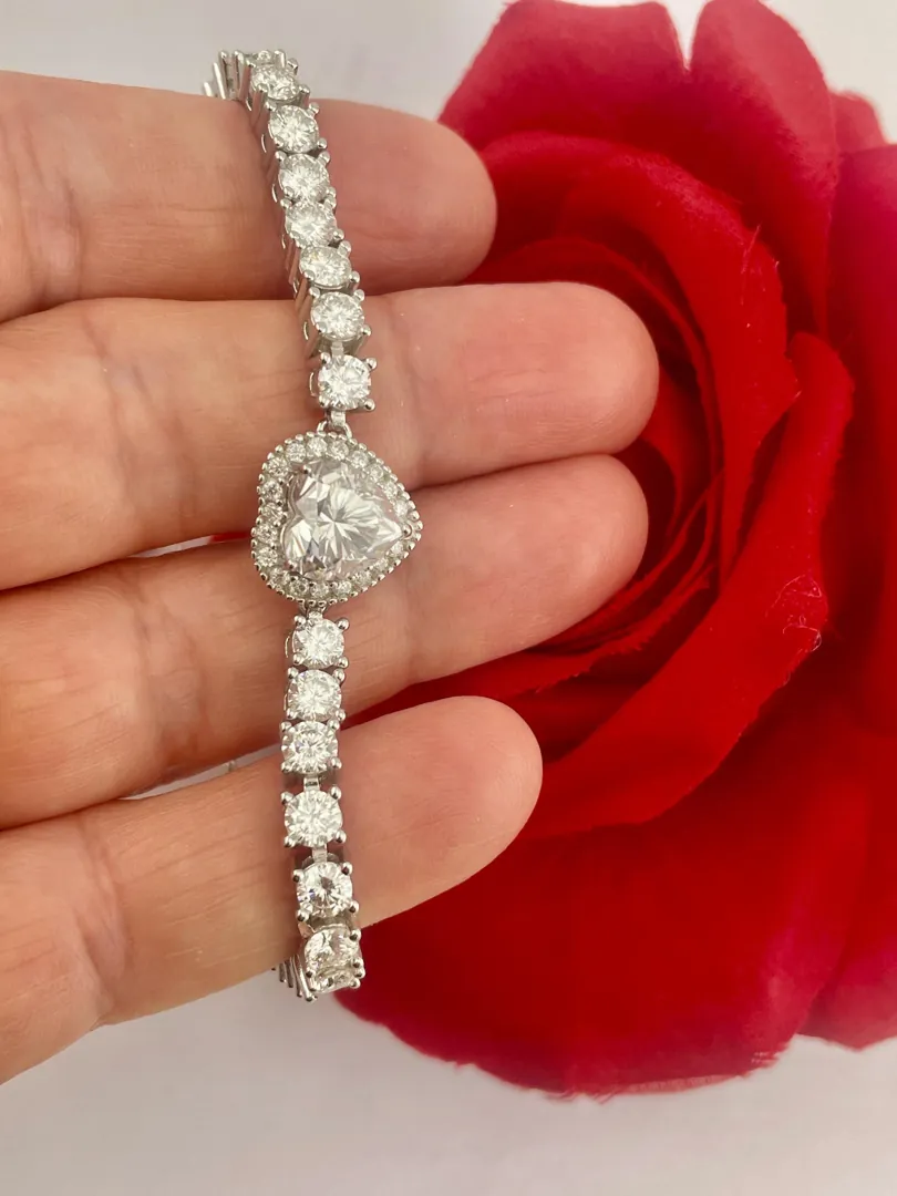 Handmade Heart Diamond Bracelet, 18k White Gold Vermeil, 4.5ctw Certified Diamond Fine Jewelry Lab Created Moss by Pierre Lorren.
