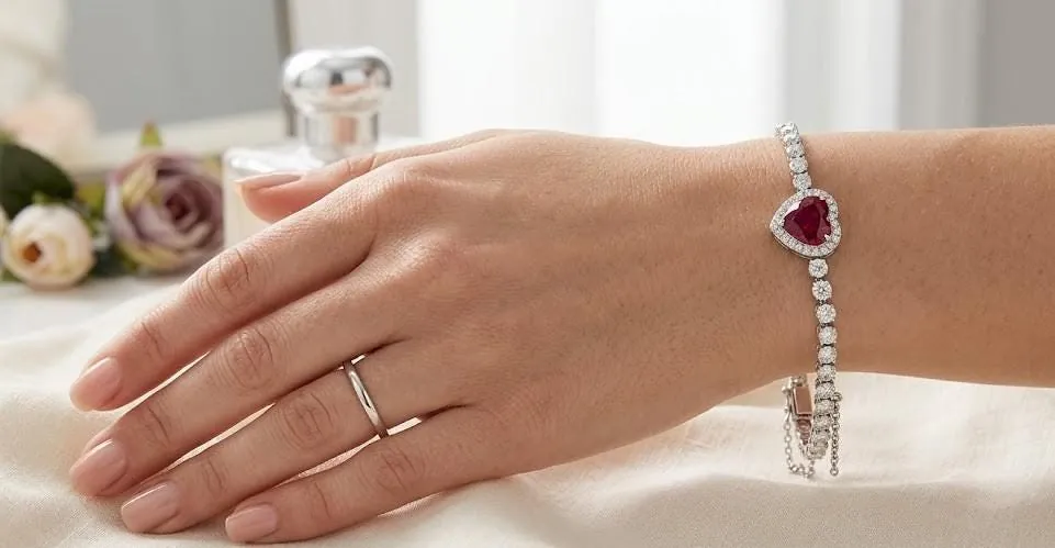 Handmade Heart Ruby Diamond Bracelet, 18k White Gold Vermeil, 4.5ctw Certified Natural Ruby by Pierre Lorren.