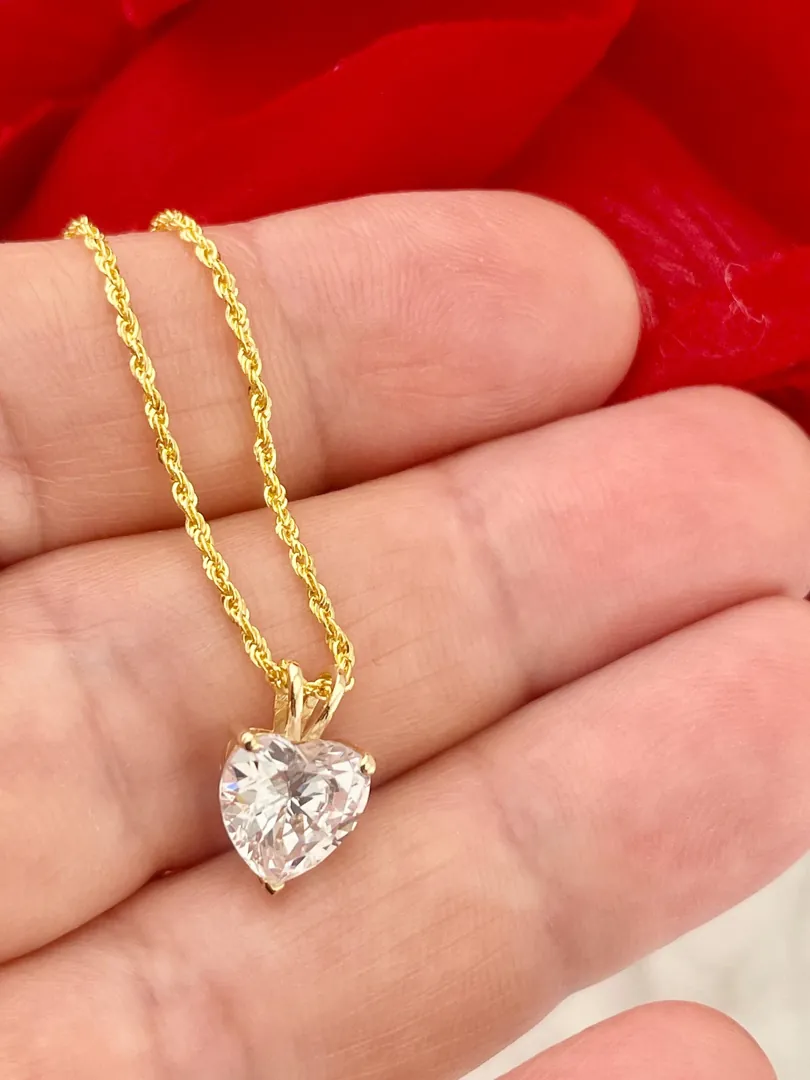1.5 ctw Diamond Heart Pendant Necklace SOLID 18k Yellow Gold Love Gift 18kt Solitaire Diamond Necklace Heart Jewelry Rope Chain Handmade