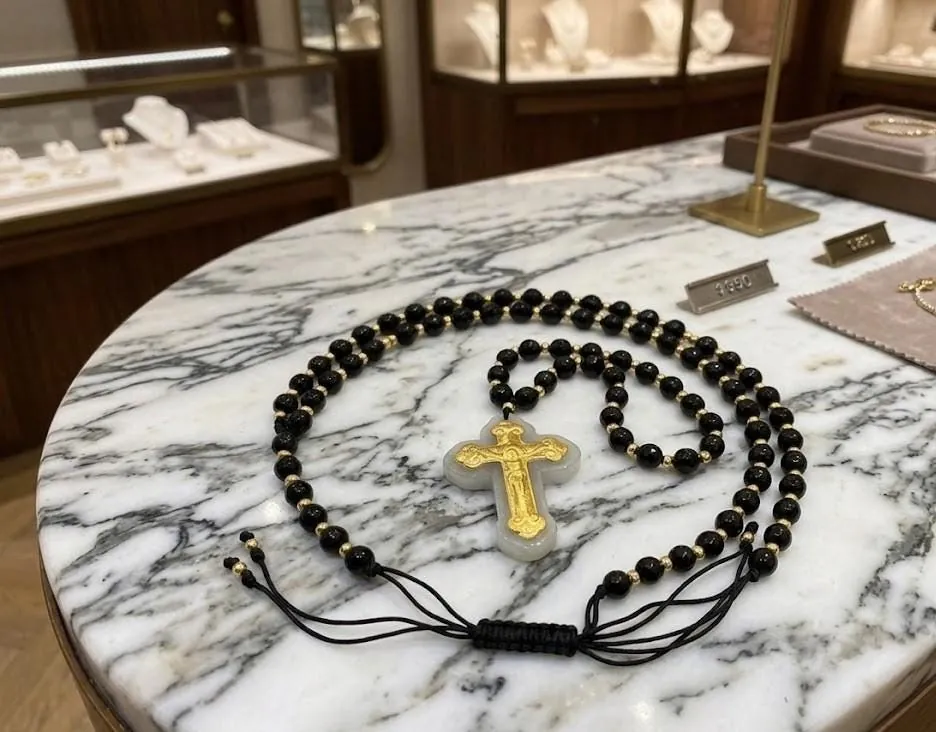 Necklace Christian Rosary Prayer SOLID 18k GOLD Cross Necklace Crucifix Christ Gift Gold Christian Jewelry Her 70 Natural Jade GEMSTONE 4mm