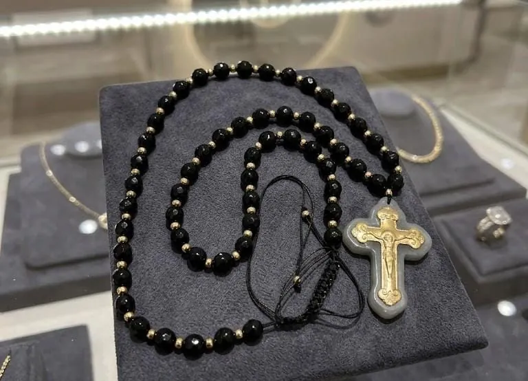 Necklace Christian Rosary Prayer SOLID 18k GOLD Cross Necklace Crucifix Christ Gift Gold Christian Jewelry Her 70 Natural Jade GEMSTONE 4mm