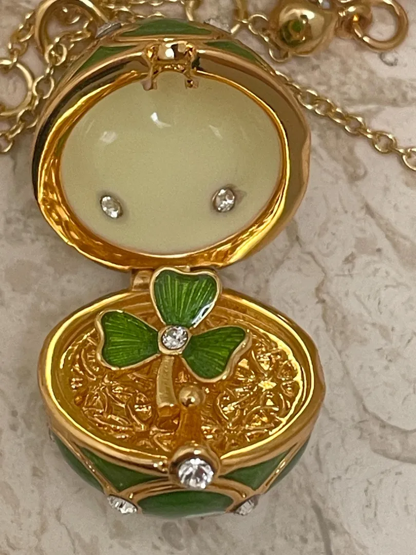 Unique Fabergé Egg Necklace Jewelry: Austrian Crystal Diamond Fabergé Egg Pendant Handmade Jewelry 18k Silver Jewelry by Pierre Lorren.