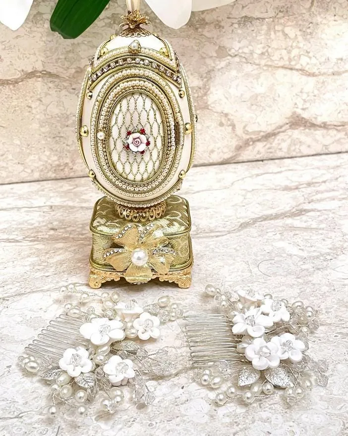 Antique 1988 Faberge Egg Music Box, 38th Anniversary gift for wife, 38-year-old birthday. Natural eggshell, pure gold decor, Swarovski - Handmade.