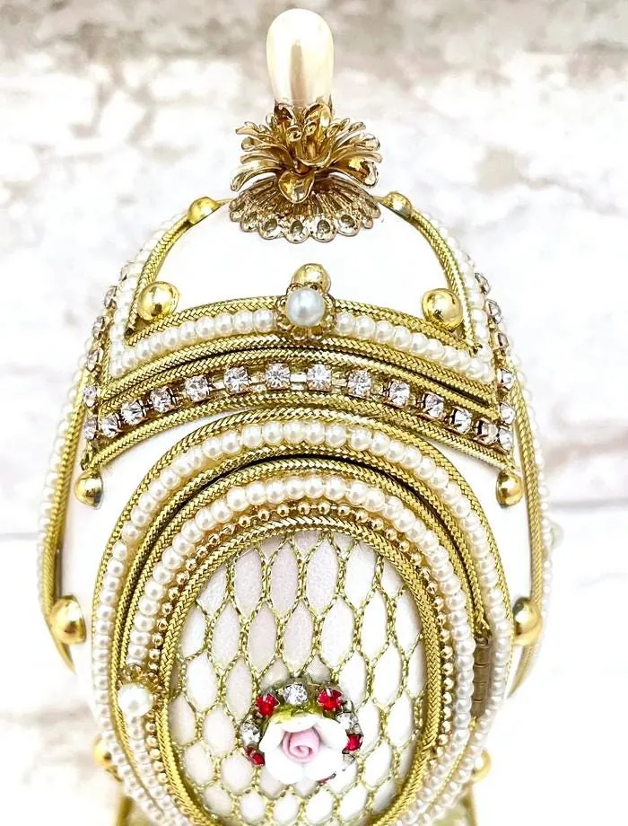 Vintage 1988 Faberge Style Music Box Real Eggshell, Austrian Crystals, Pure Gold Embellished Daughter Wedding Gift for Bridal Shower Photo.