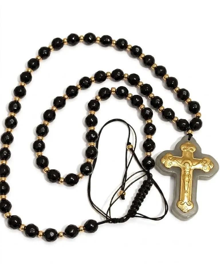 18k Solid Gold Crucifix Necklace, Christian Rosary Necklace for Women, Natural Gemstone Jewelry, Christian Gifts, 70 Natural Jade 4mm Gemstones.
