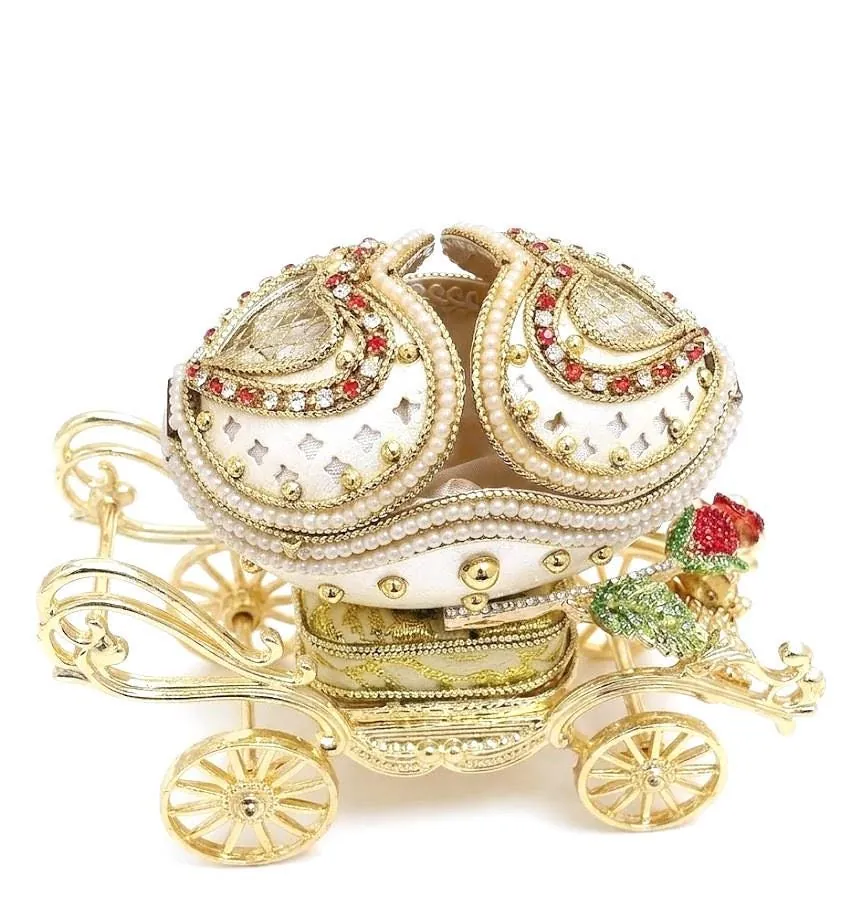 1988 Vintage Rose Faberge Style Egg Music Box – REAL Eggshell, Fabergé Egg LOVE Heart Ruby CARRIAGE Austrian Crystals Diamonds Pierre Lorren