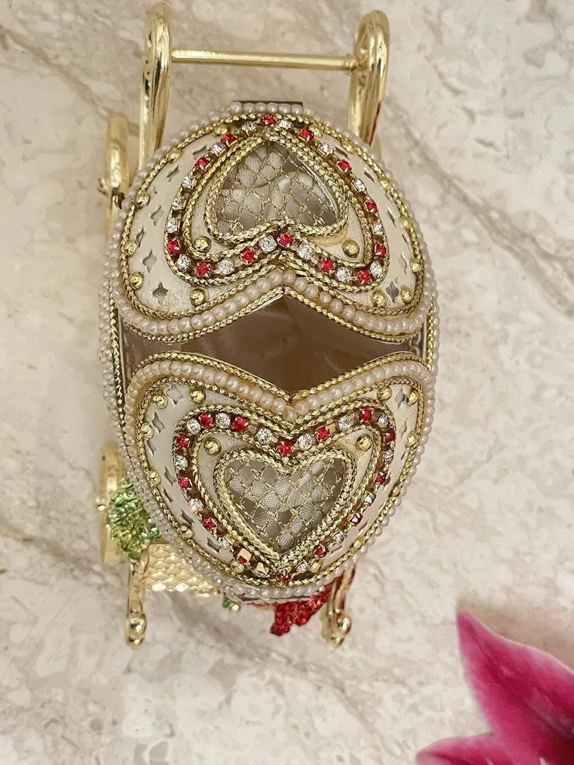1988 Vintage Rose Faberge Style Egg Music Box – REAL Eggshell, Fabergé Egg LOVE Heart Ruby CARRIAGE Austrian Crystals Diamonds Pierre Lorren