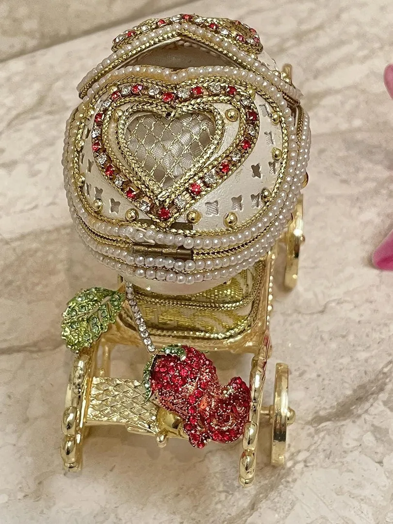 1988 Vintage Rose Faberge Style Egg Music Box – REAL Eggshell, Fabergé Egg LOVE Heart Ruby CARRIAGE Austrian Crystals Diamonds Pierre Lorren