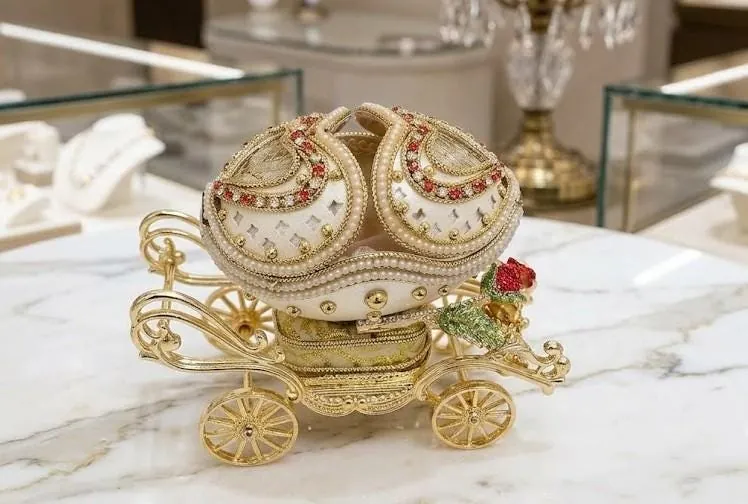 1988 Vintage Rose Faberge Style Egg Music Box – REAL Eggshell, Fabergé Egg LOVE Heart Ruby CARRIAGE Austrian Crystals Diamonds Pierre Lorren