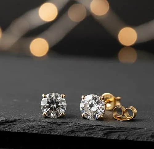 2 Carat Round Diamond Solitaire Studs, Solid 18k Yellow Gold Earrings