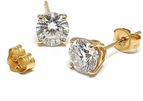 2 Carat Round Diamond Solitaire Studs, Solid 18k Yellow Gold Earrings