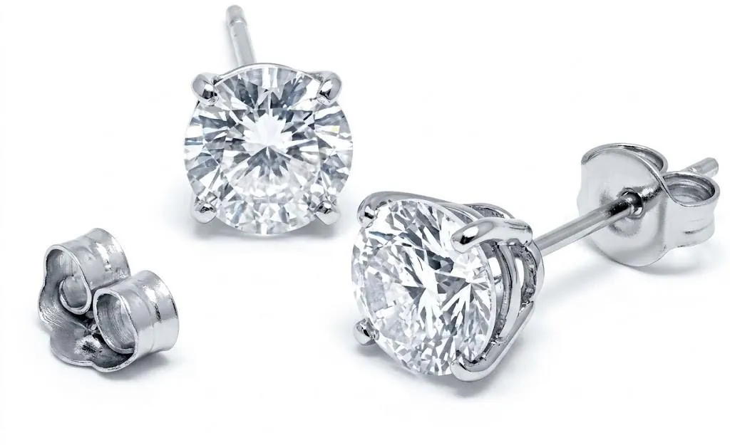 2 Carat Round Diamond Solitaire Studs, Solid 18k White Gold Earrings