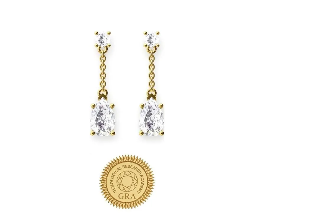 Solid 18k Yellow Gold Pear Cut Diamond Drop Earrings (2 ct TW) Certified
