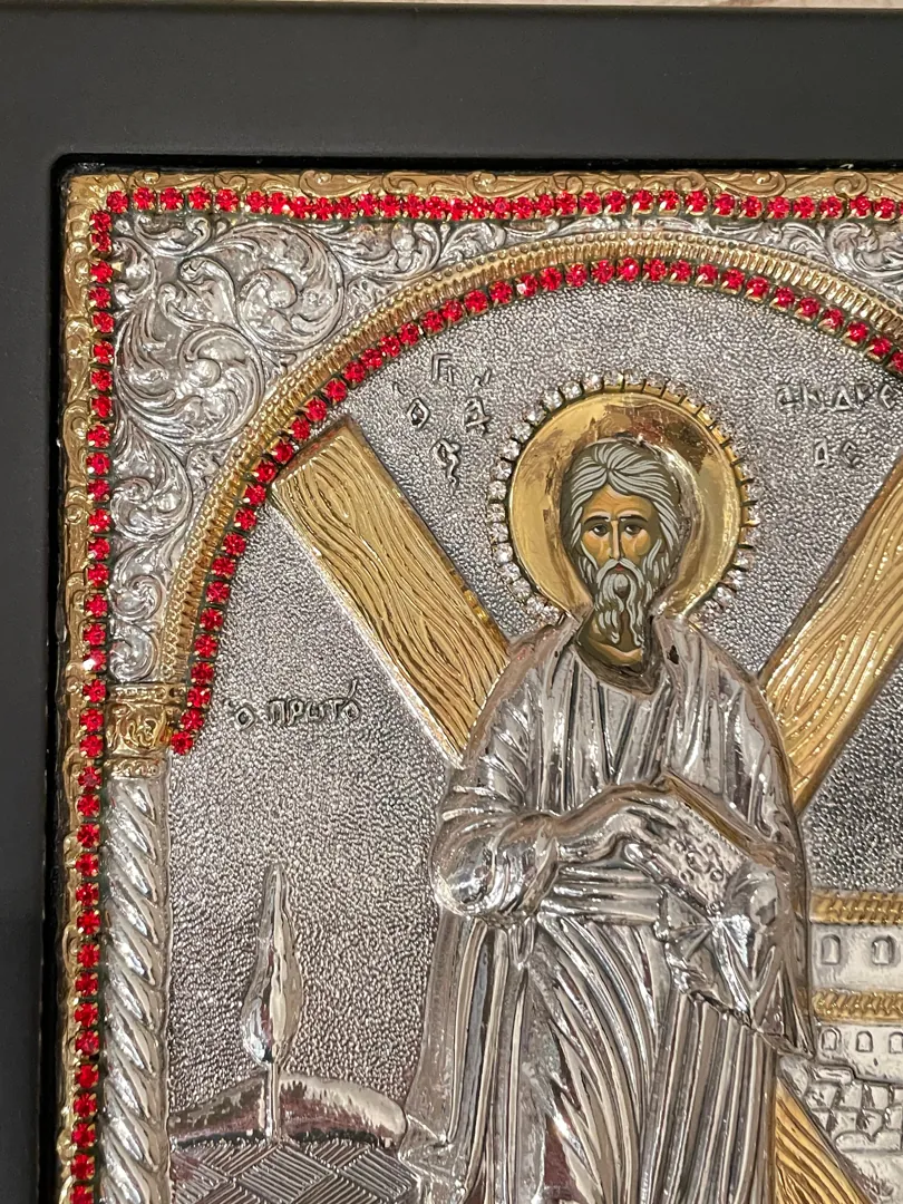 Saint Andrew Orthodox Christian Icon, Solid Sterling Silver, Hand-Carved Pure Gold Gemstone Accents