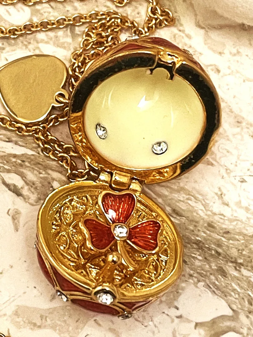 Handmade Faberge Egg Pendant Necklace Fabergé Egg Earrings Bracelet Ring Set: 18k Yellow Gold Jewelry Austrian Crystal Diamond Pierre Lorren