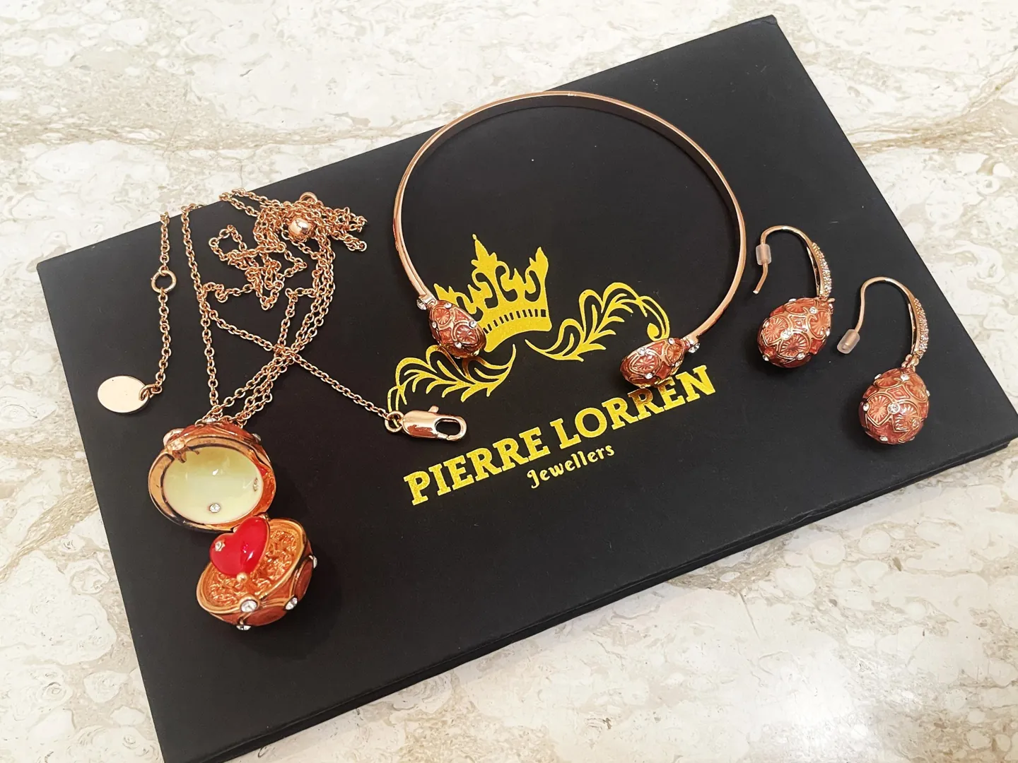 Handmade Faberge Egg Pendant Necklace, Bracelet, Ring, Fabergé Egg Earrings Set: 18k Yellow Gold Jewelry, Austrian Crystal, Diamonds, PierreLorren.