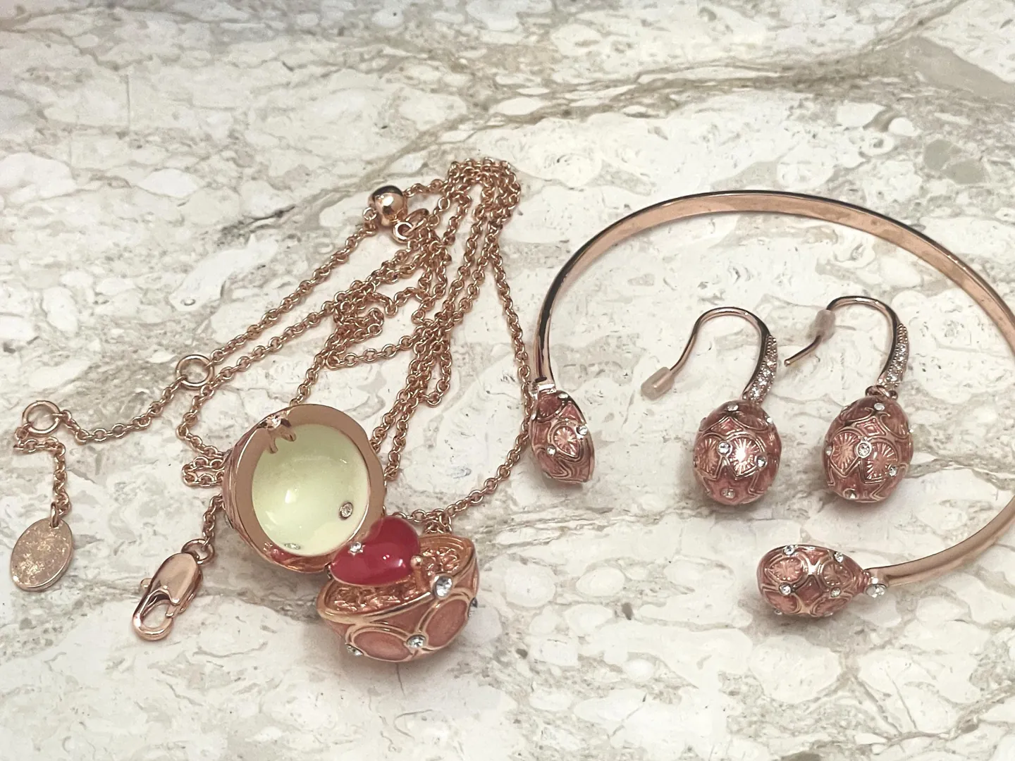 Pink Fabergé Egg Jewelry Set: Fabergé Egg Pendant Necklace, Bracelet, Earrings. Handmade 18k Vermeil with Austrian Crystal and Diamond by Pierre Lorren.