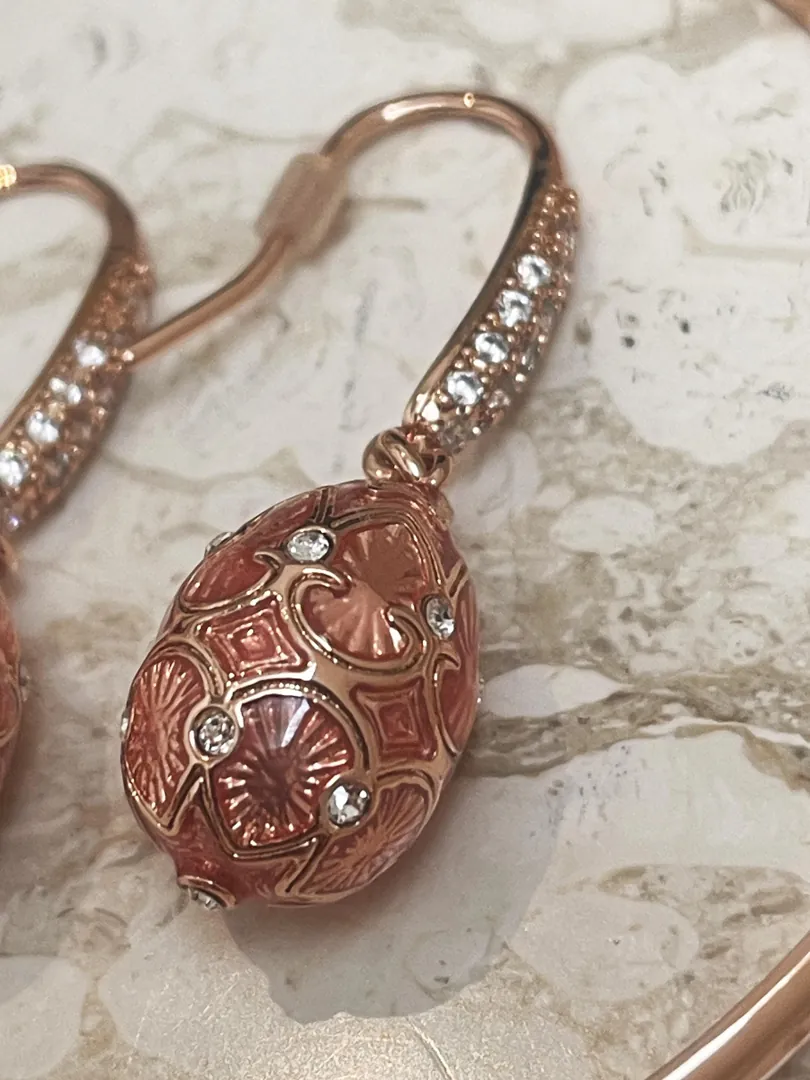 Pink Fabergé Egg Jewelry Set: Fabergé Egg Pendant Necklace, Bracelet, Earrings. Handmade 18k Vermeil with Austrian Crystal and Diamond by Pierre Lorren.