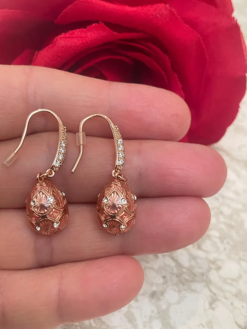Pink Fabergé Egg Jewelry Set: Fabergé Egg Pendant Necklace, Bracelet, Earrings, Handmade 18k Vermeil, Austrian Crystal, Diamond by Pierre Lorren.