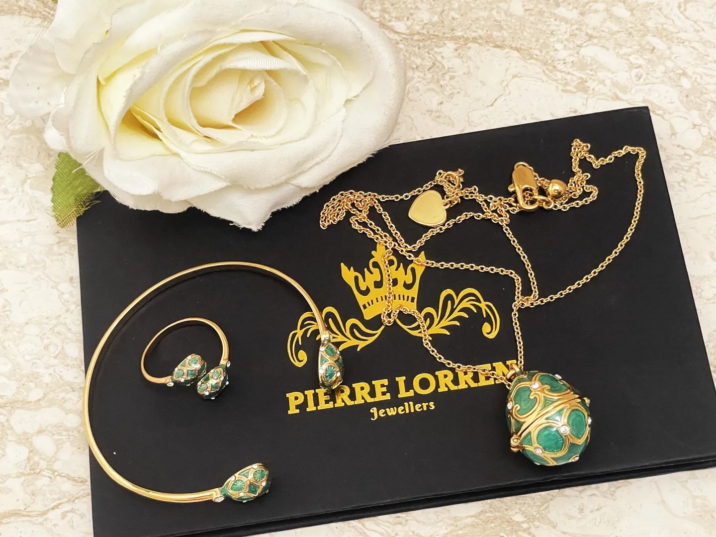 Handmade Faberge Egg Pendant Necklace, Bracelet, Ring, Fabergé Egg Earrings Set: 18k Yellow Gold Jewelry, Austrian Crystal, Diamonds, PierreLorren.